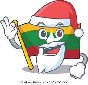 Santa Myanmar waving flag hoisted on pole, cartoon character.