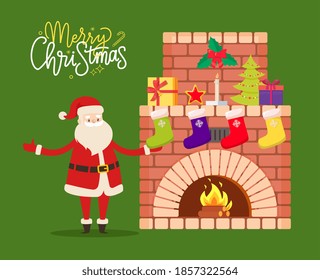 Santa near burning fireplace decorated by colorful socks, gift boxes, hanhing mustletoe, candle and fir-tree. Merry Christmas greeting card vector