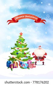 Santa Near Christmas Tree With Merry Christmas Banner Holiday Greeting Card Flat Vector Illustration Stock Vector