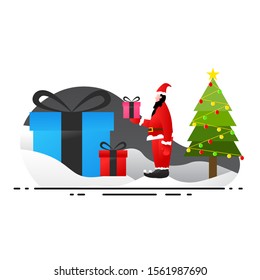 Santa near the Christmas tree and some presents in a snowy place, suitable for Christmas elements 