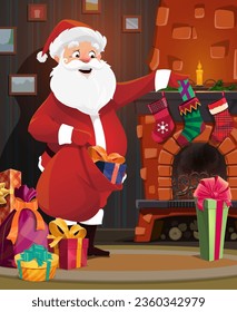 Santa near the fireplace puts gifts to Christmas stockings, winter xmas holiday interior. Vector eve night scene with Father Noel delivering presents into the hanging socks at decorated living room