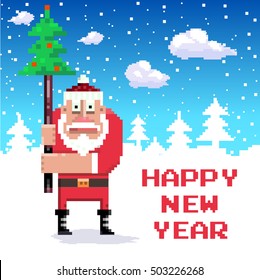 Santa with new year tree. Pixel-art