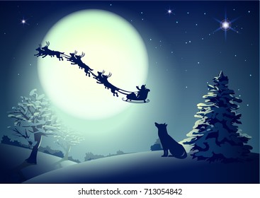 Santa in night sky against background of full moon. Dog silhouette looks up at sky. Christmas greeting card template. Vector cartoon illustration