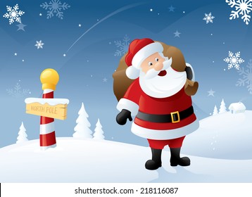 Santa at the North Pole with a sack full of gifts.