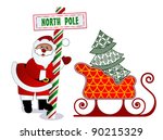 Santa with North Pole sign, tree and sleigh