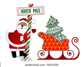 Santa with North Pole sign, tree and sleigh