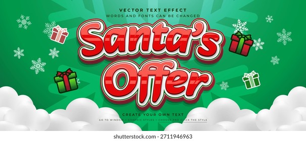 Santa Ofrecer efecto de texto con regalos y copos de nieve sobre un fondo verde