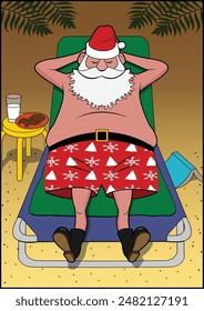 Santa is on the beach, getting a tan.