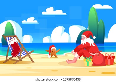 Santa on the beach with a star, stocking hanging from a beach chair, and presents on the sand. Santa Claus on vacation or tropical holiday.