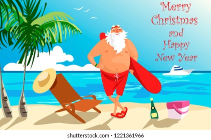 Santa on the beach with a surfboard