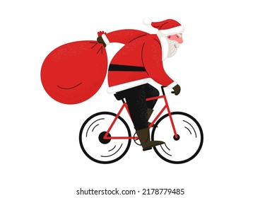 Santa on bike. Cycling Santa Clause on white background. Vector illustration.