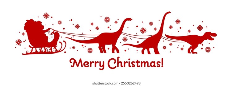 Papai Noel no trenó de Natal com dinossauros para férias de inverno, silhueta de vetor de desenhos animados. Feliz Natal saudações com T Rex dinossauro tiranossauro como rena no trenó com Papai Noel e presentes de Ano Novo