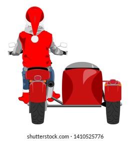 Santa on classic sidecar motorcycle back view isolated color vector illustration