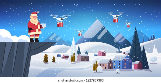 Santa on cliff hold controller drone delivery service over winter village. Houses mountains hills landscape snowfall background horizontal flat vector illustration