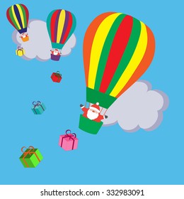 Santa on colorful air balloons dropping gifts on blue background