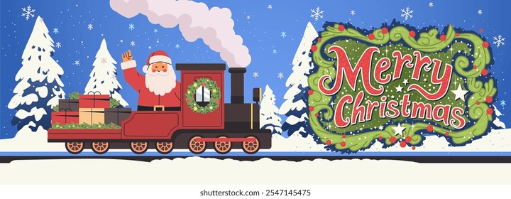 Santa on festive train Christmas winter scene snowy trees presents wreath colorful design holiday greeting card