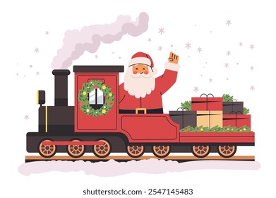 Santa on a festive train waving surrounded by gifts and snowflakes holiday theme colorful design