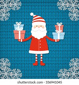 Santa on knit background. Christmas card. Vector illustration.