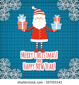Santa on knit background. Christmas card. Vector illustration.