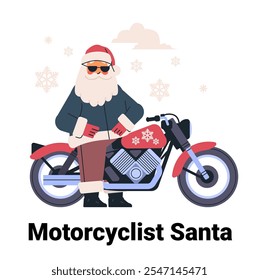 Santa on motorcycle festive theme snowflakes clouds playful design