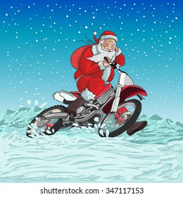 Santa on a motorcycle is racing for the new year