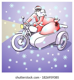 Santa on a motorcycle with a stroller. Vector illustration