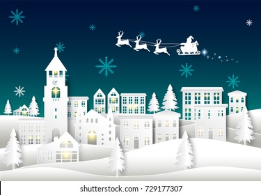 Santa on night sky in city town paper art Winter background. Christmas season paper cut style illustration