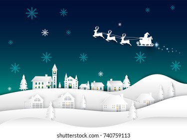 Santa on night sky in village paper art Winter background. Christmas season paper cut style illustration