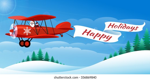 Santa on the plane with banner Happy Holidays. Illustration in cartoon style.