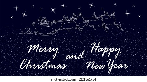 Santa on reindeer. one continuous line. vector poster