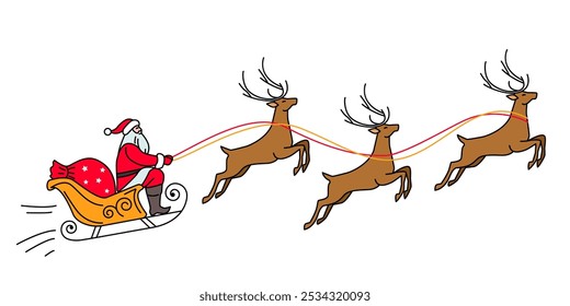 Santa on reindeer and sleigh rides across the sky. Flat vector illustration for Christmas and New Year.
