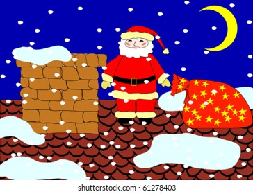 Santa on the roof, in cartoon style.