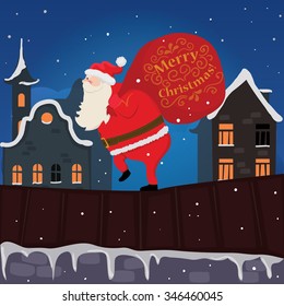 Santa on the roof. Christmas card poster, background, banner. Vector illustration.