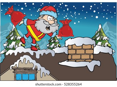 Santa on the roof of a house with his sack of toys on Christmas Eve delivering presents