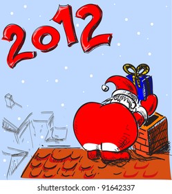 Santa on the roof . New Year colorful sketch. 2012 number easy to remove