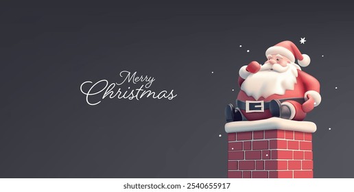 Santa on the roof sits on the chimney on a dark pre-Christmas night. For the concepts of celebrating Christmas, winter holidays. Dark banner. Vector illustration.