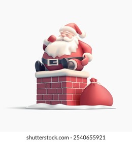 Santa on the roof sitting on the chimney and a red bag with gifts nearby, 3D. Realistic cute image for winter holidays, Christmas, and New Year concepts. Vector illustration.