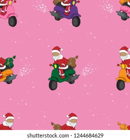 Santa on a Scooter Vector Seamless Pattern (Pink Holiday Background)