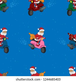 Santa on a Scooter Vector Seamless Pattern (Blue Holiday Background)