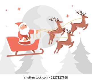 Santa on sledge with deers. New Year or Christmas, winter holidays. Traditions and fictional characters. Gifts, graphic elements for website. Fantasy and fairy tale. Cartoon flat vector illustration