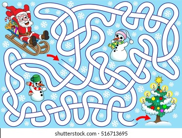 Santa on the sledges. Help Santa to find a path to Christmas tree. Labyrinth for kids. Easy, landscape.
