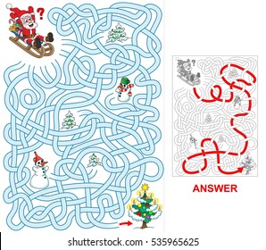 Santa on the sledges. Help Santa to find a path to Christmas tree. Labyrinth for kids (portrait).