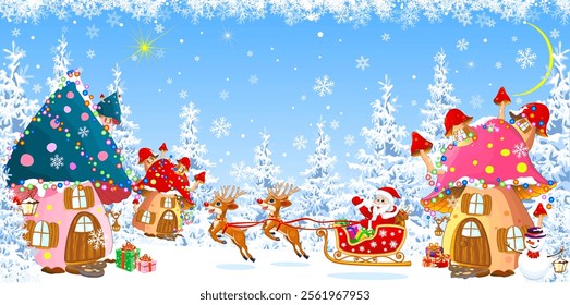 Santa on a sleigh against the background of mushroom houses and winter forest. Garland decorations. Beautiful Christmas trees. Gifts in the snow.