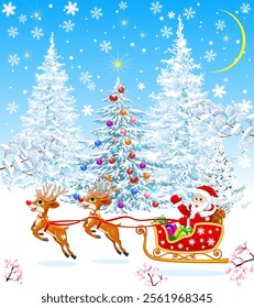 Santa on a sleigh against the background of a snow-covered forest and a decorated Christmas tree. Night, snowflakes and stars shine.