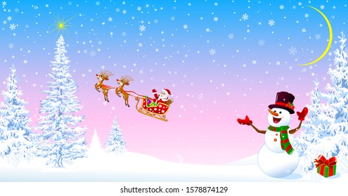 Santa on a sleigh with deers welcomes. Snowman in a hat welcomes. Christmas tree. Star in the sky. Snowy forest. Santa and snowman on the background of fir trees and snowflakes.