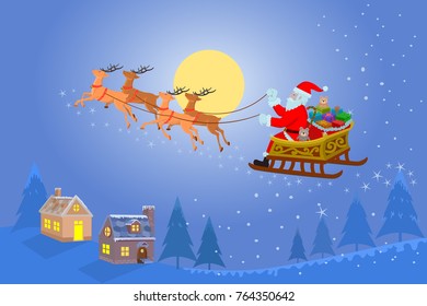 santa on sleigh with gift box at night
