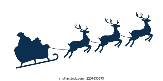 Der Weihnachtsmann auf Schlitten und seine Rentiere, einfarbige Silhouette. Weihnachtsgrußkarte, Vektorgrafik