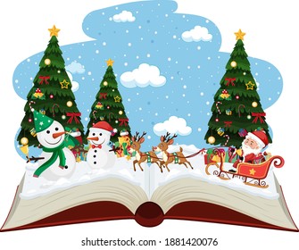 Santa on sleigh with many reindeer in snow illustration