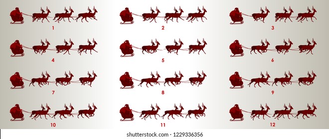 Santa on sleigh with reindeer animation sprite sheet, Can be used for GIF animation