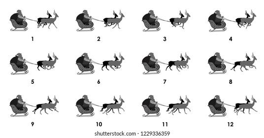 Santa on sleigh with reindeer animation sprite sheet, Can be used for GIF animation